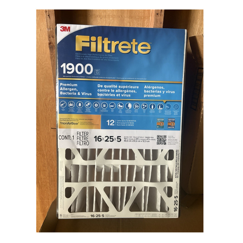 Filtrete 1900 Pleated Air Filter MERV 13 Allergen Bacteria Virus 16x25x5 - 1PK