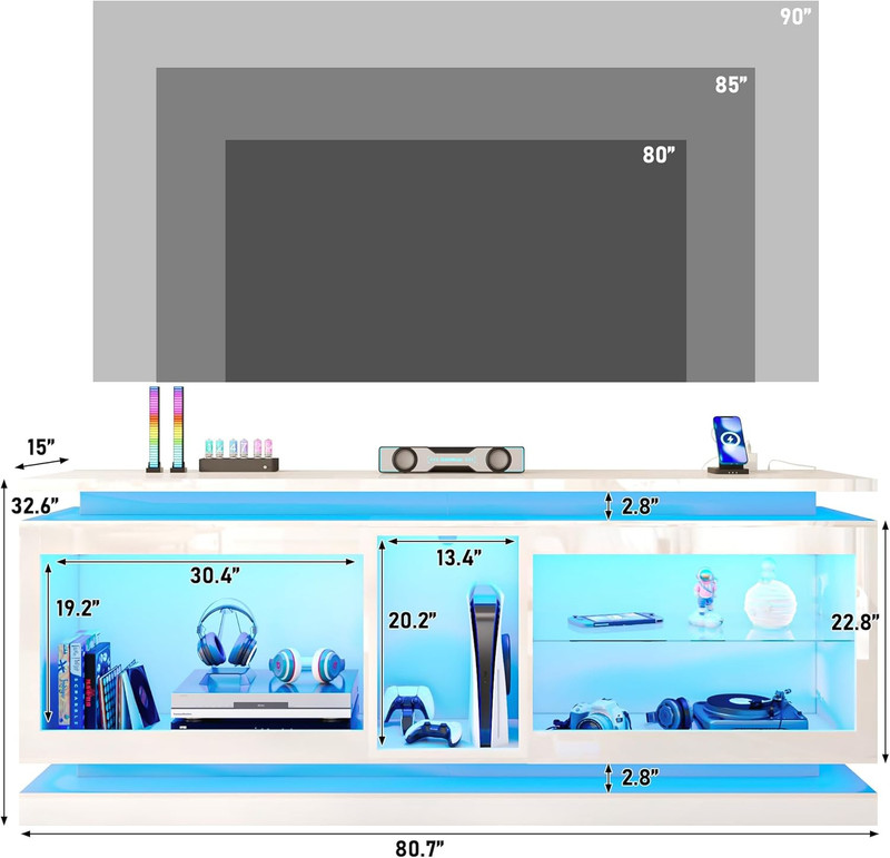 80" LED TV Stand with Power Outlets,6000-Colors Lighting for 75/80/90IN Tv,High gallery