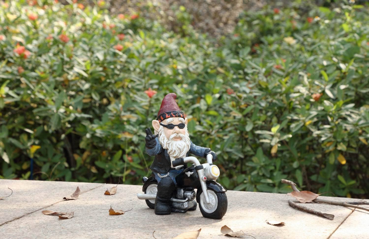 Funny Garden Biker Gnome Riding Motorcycle Statue Yard Lawn Decor gallery