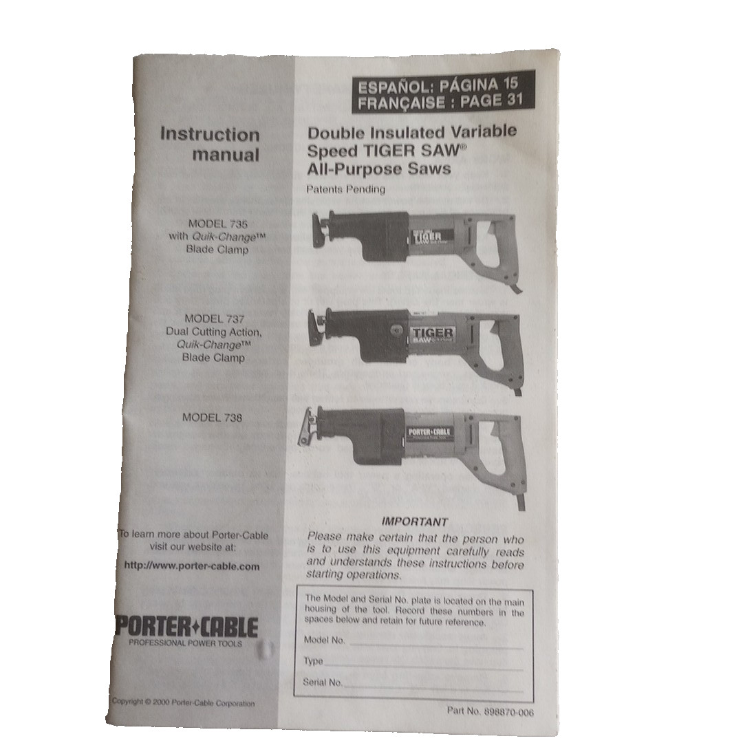 2000 Porter Cable Instruction Manual Double Insulated Variable Speed Tiger Saw gallery