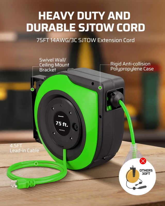 DEWENWILS Retractable Extension Cord Reel Power Cord 75 FT Heavy Duty Power Cord gallery