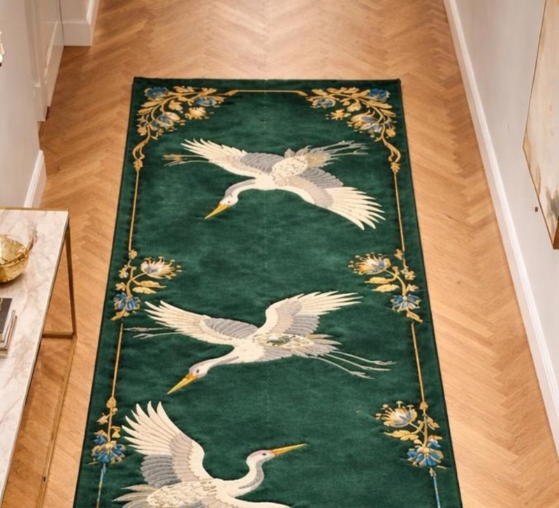 Hand Tufted Crane Runner Rug, Emerald Green New Zealand Wool Hallway Carpet gallery