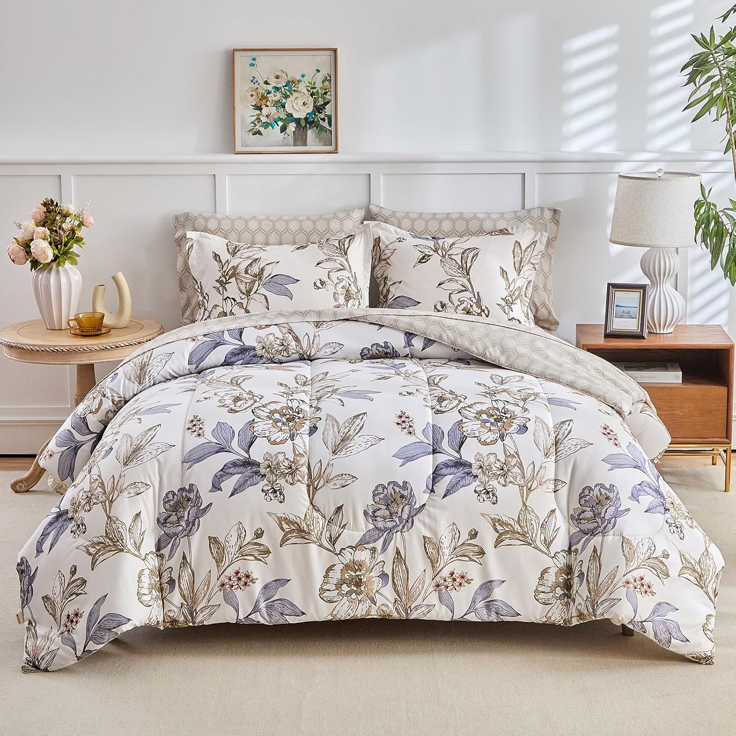 Queen Comforter Set- 7 Pieces Floral Bed in a Bag, Blue Flowers Golden Leaves... gallery