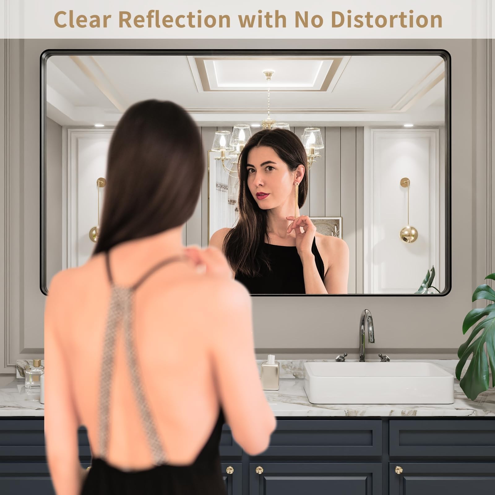 Mirror 60 L x 36 W Rounded Rectangle Black Metal Frame LOAAO Bathroom Framed gallery