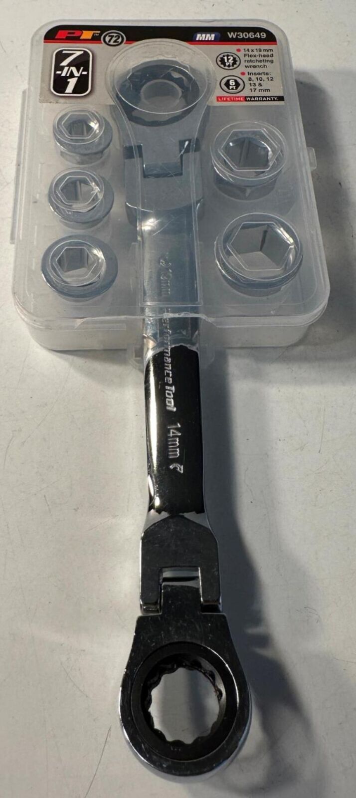 Performance Tool W30649 7 In 1 14x19mm Flex Head Ratcheting Wrench & 6 Pt Insert gallery