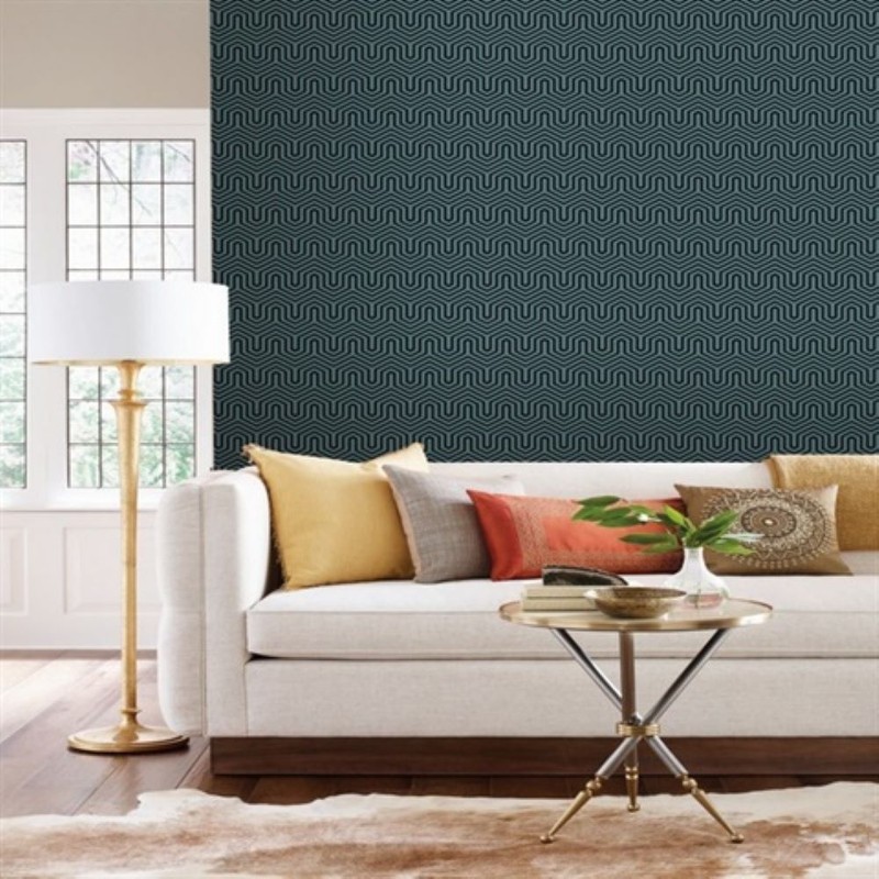 Navy blue teal felt flocking Geometric velvet Labyrinth flocked wallpaper GM7502 gallery