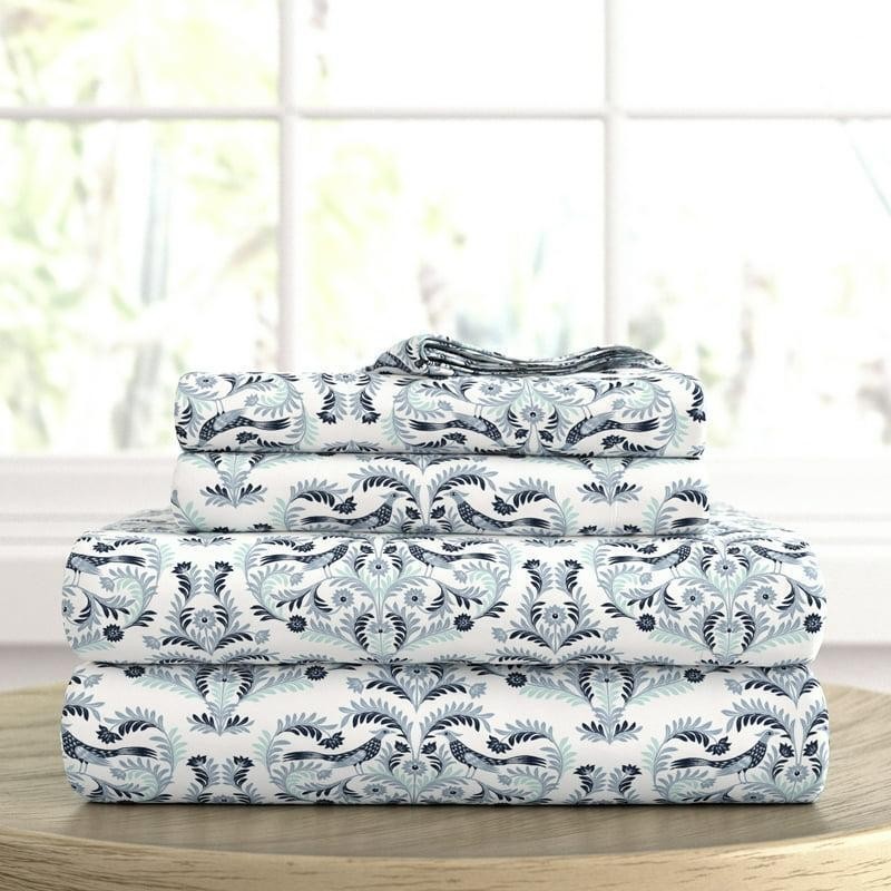Navy Damask Microfiber 4 Piece Queen Bed Sheet Set Hypoallergenic Cozy Soft New gallery
