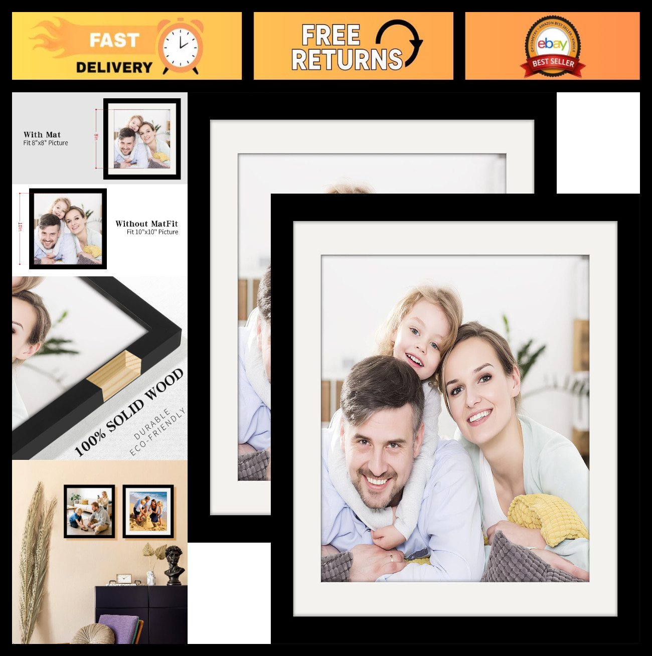 10x10 Picture Frames - 2 Pack Solid Wood Black for Wall Mount & Tabletop Display gallery