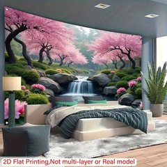 1pc Cherry Blossom River Scene Polyester Backdrop, 2D Flat Printing, No Electric