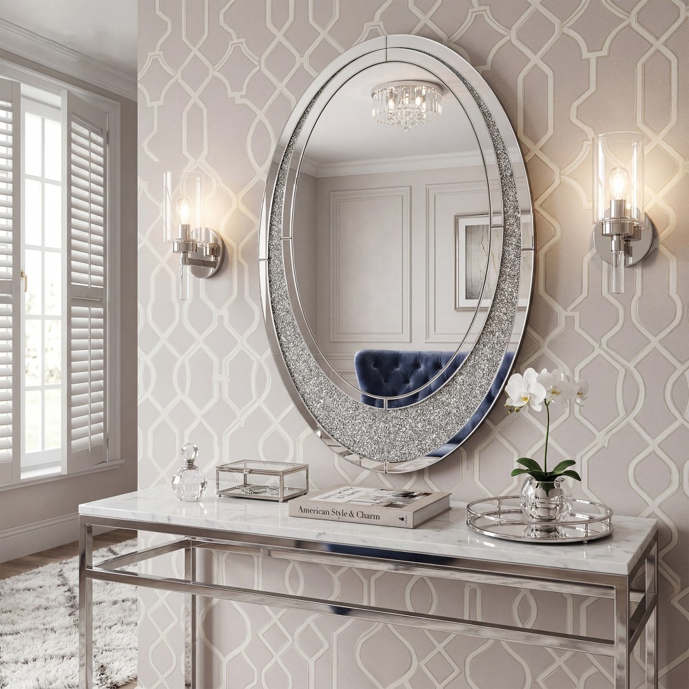 Oval Wall Mirror Crushed Diamond Inlay Frameless Sparkle Crystal Accent Decor gallery