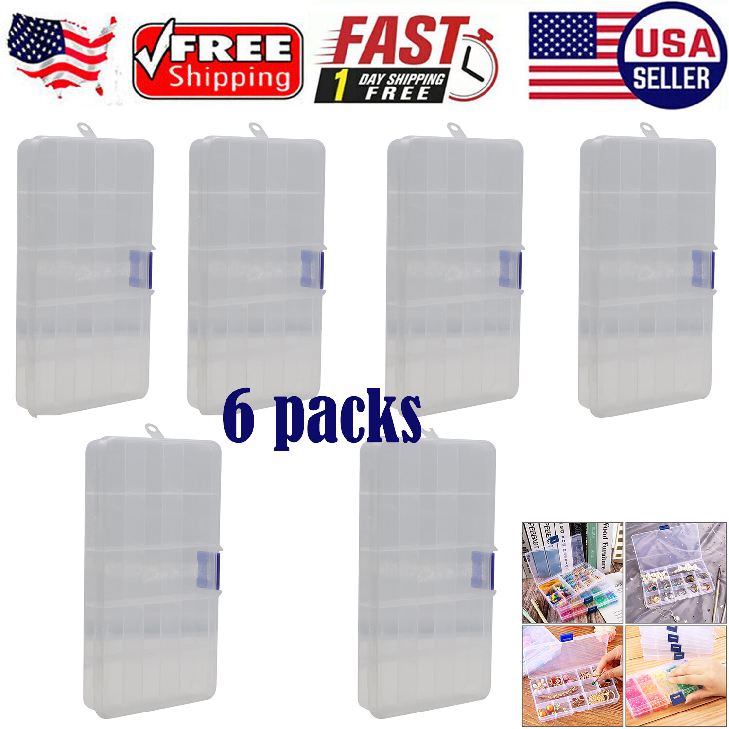 6 Pack Clear Jewelry Box Plastic Bead Storage Craft Container Earrings Organizer gallery