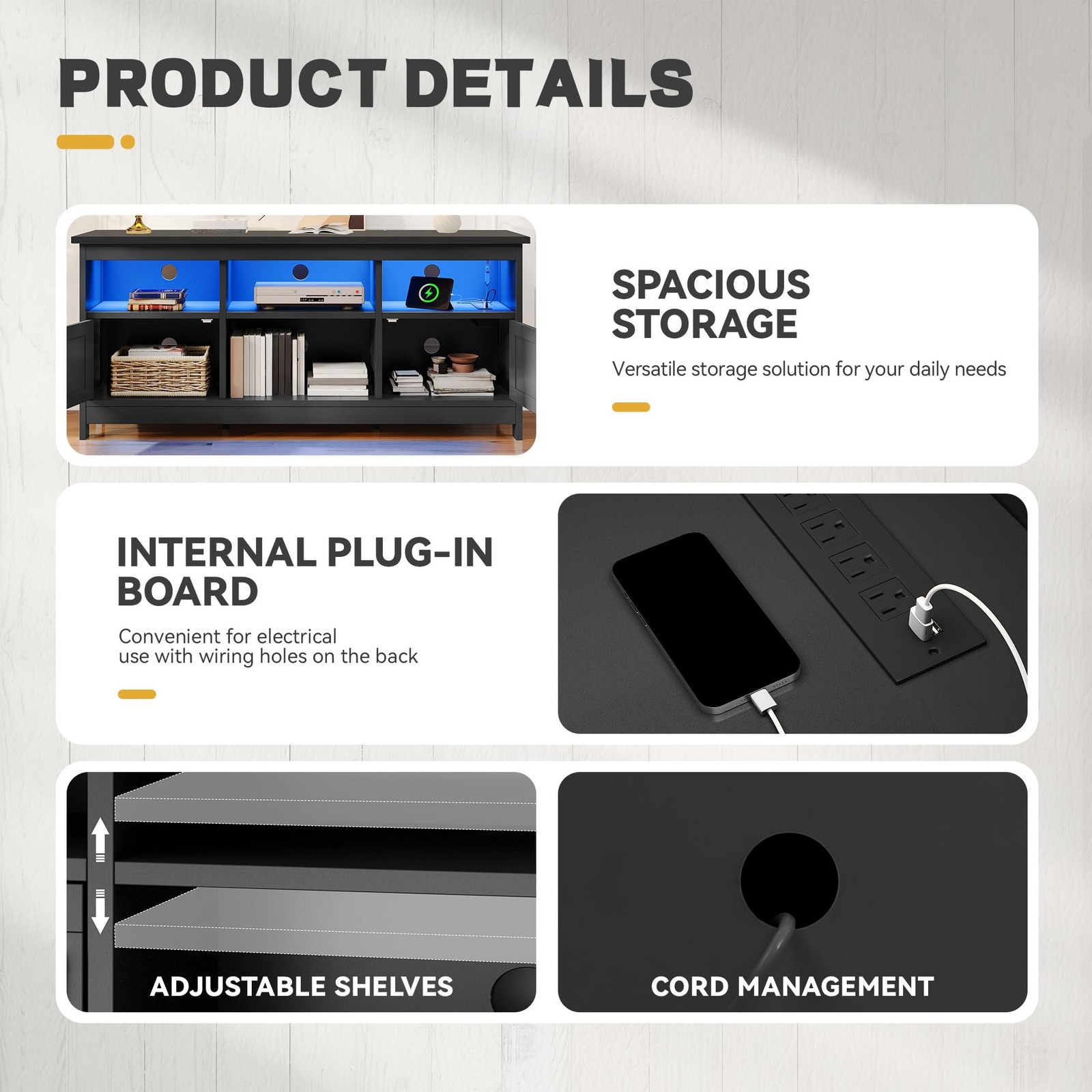 TV Stand 65 Inch Entertainment Center Storage Power Outlet LED Black YITAHOME gallery
