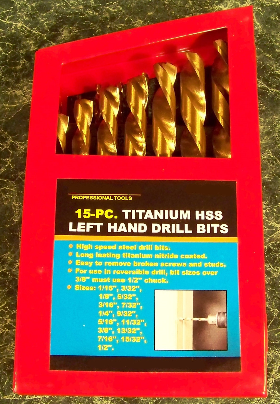 15pc LEFT HAND HSS TITANIUM DRILL BIT SET counter clockwise w/ CASE upto 1/2 Big gallery