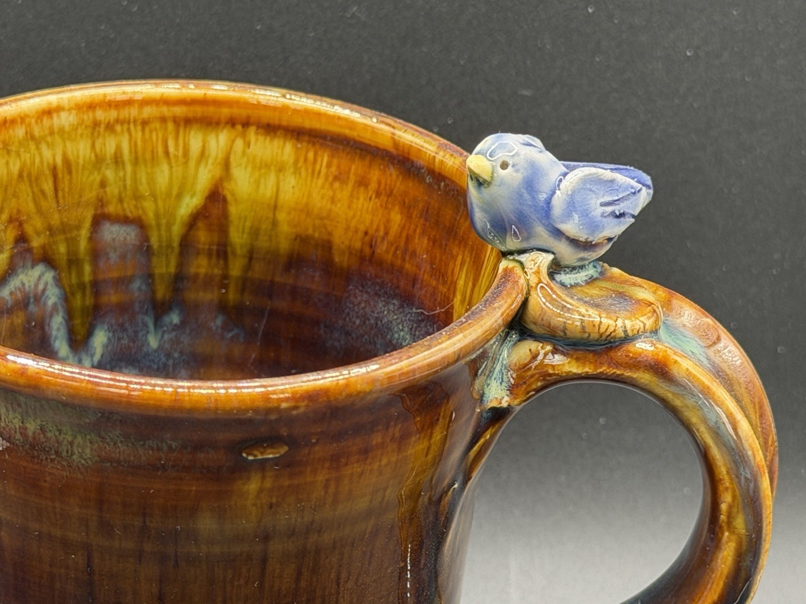 Signed Art Pottery Ceramic Blue Bird Coffee Tea Soup Mug Brown And Blue Glaze gallery