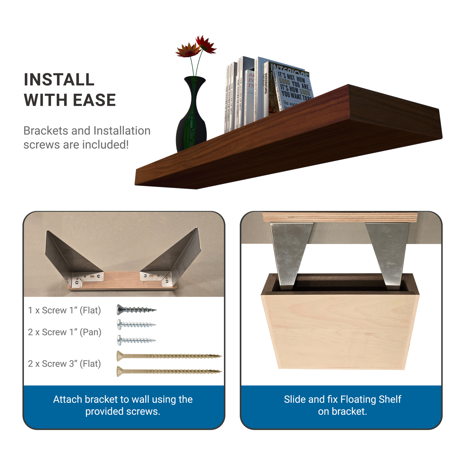 Rok Hardware Single Piece Floating Kitchen Shelf, 42 Inch Length, Walnut Finish gallery