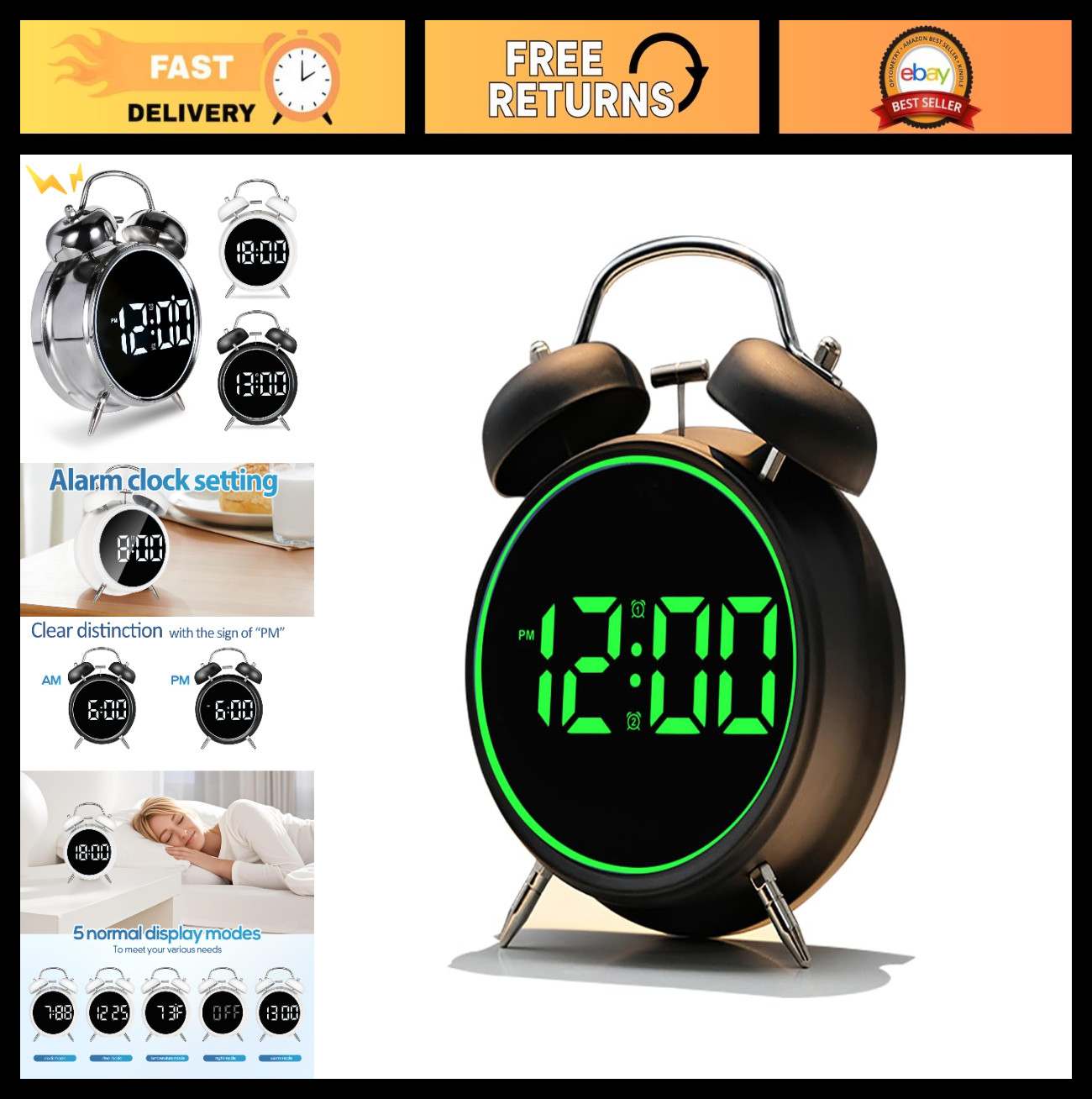 Extra Loud Alarm Clock for Heavy Sleepers - Retro Metal Twin Bell, Battery/Plug- gallery