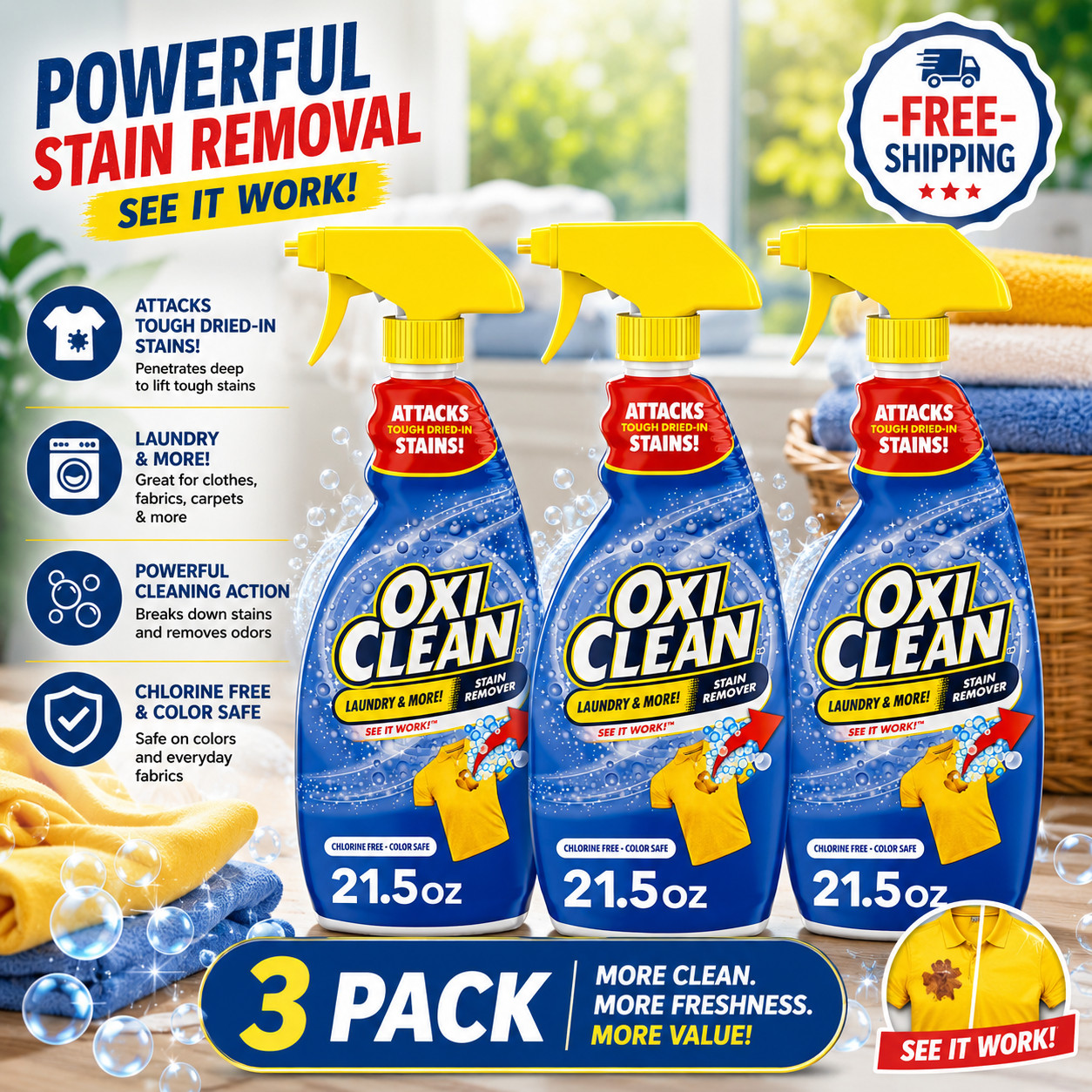 (3 pack) OxiClean Laundry Stain Remover Spray, 21.5 fl oz- Free Shipping gallery