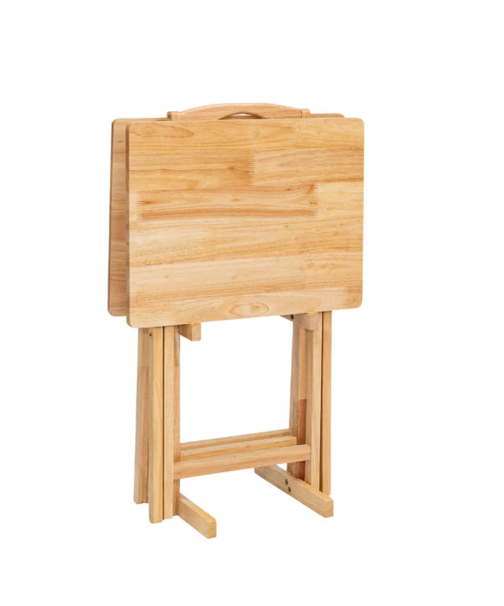 Rubberwood Folding TV Tray Table Set 2Pc Natural with Storage Rack gallery