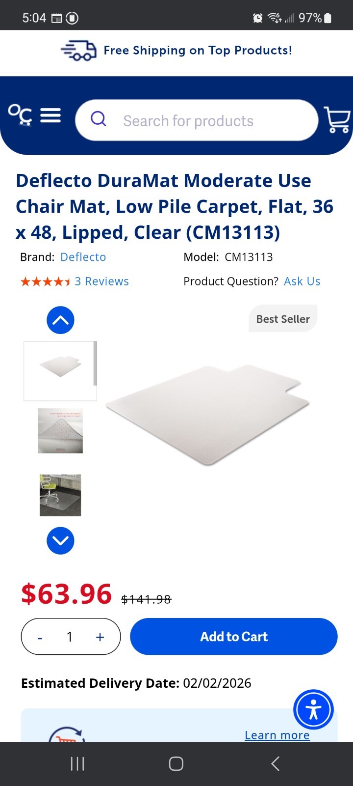 Deflecto DuraMat Moderate Use Chair Mat, Low Pile Carpet, Flat, 36 x 48, Lipped, gallery