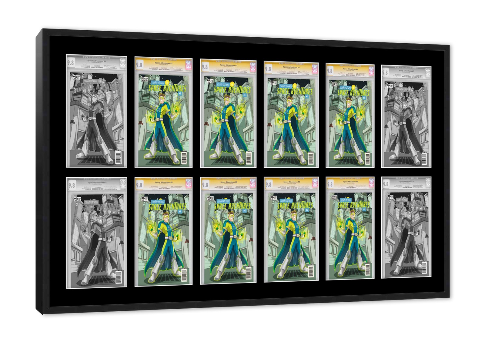 Black Comic Book Frame w/ Black Mat To Display 12 Graded Comics Horizontally gallery