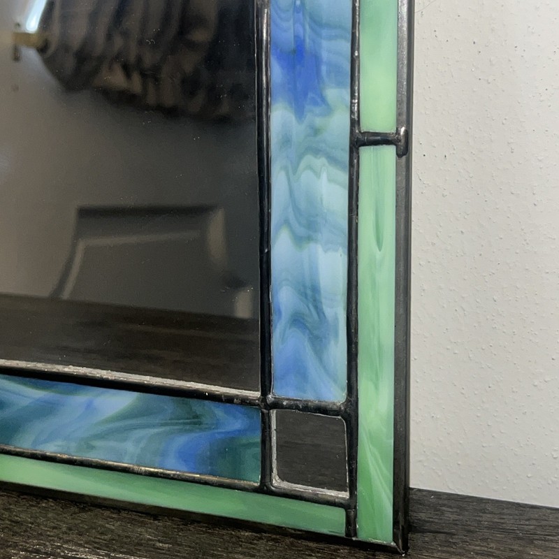 Vtg Stained Glass Mirror Rectangular Wall Hanging Handmade Decor 7x9 Blue/Green gallery