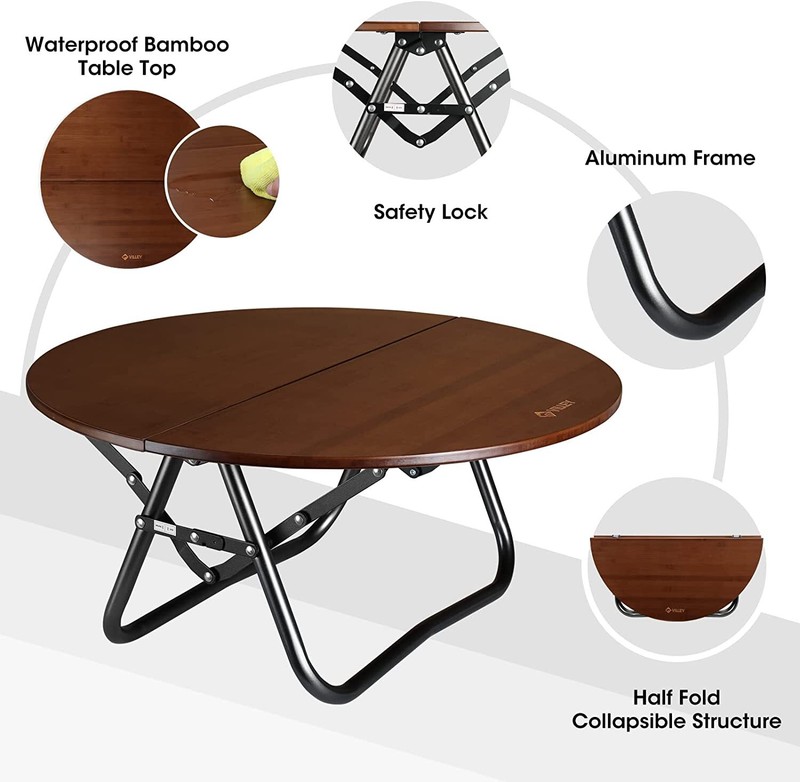 VILLEY Bamboo Round Folding Table with Carrying Bag Half-fold Portable Aluminum gallery