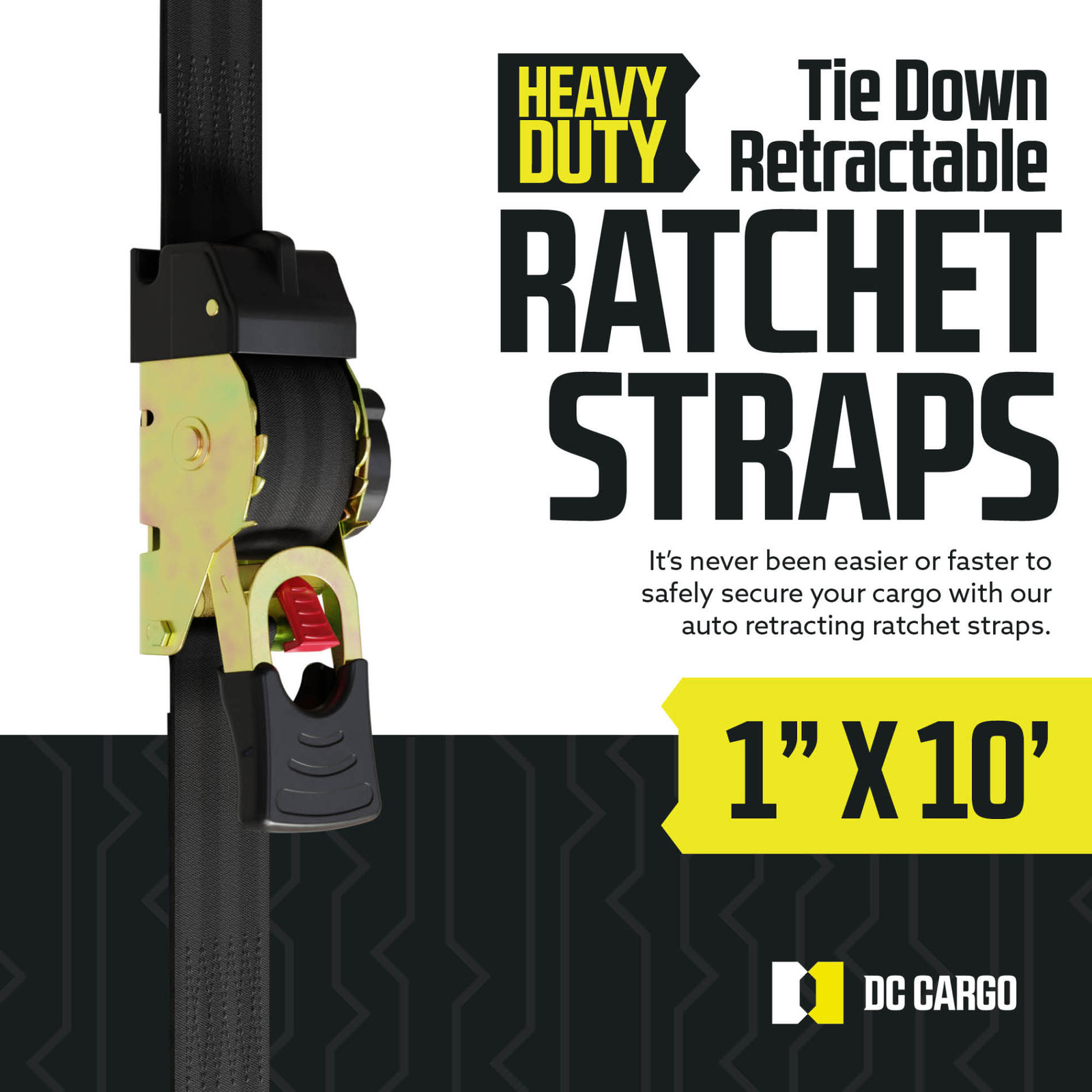 DC Cargo Retractable Ratchet Strap Tie Down Straps w/ S-Hooks 1" x 10' 2-pack gallery