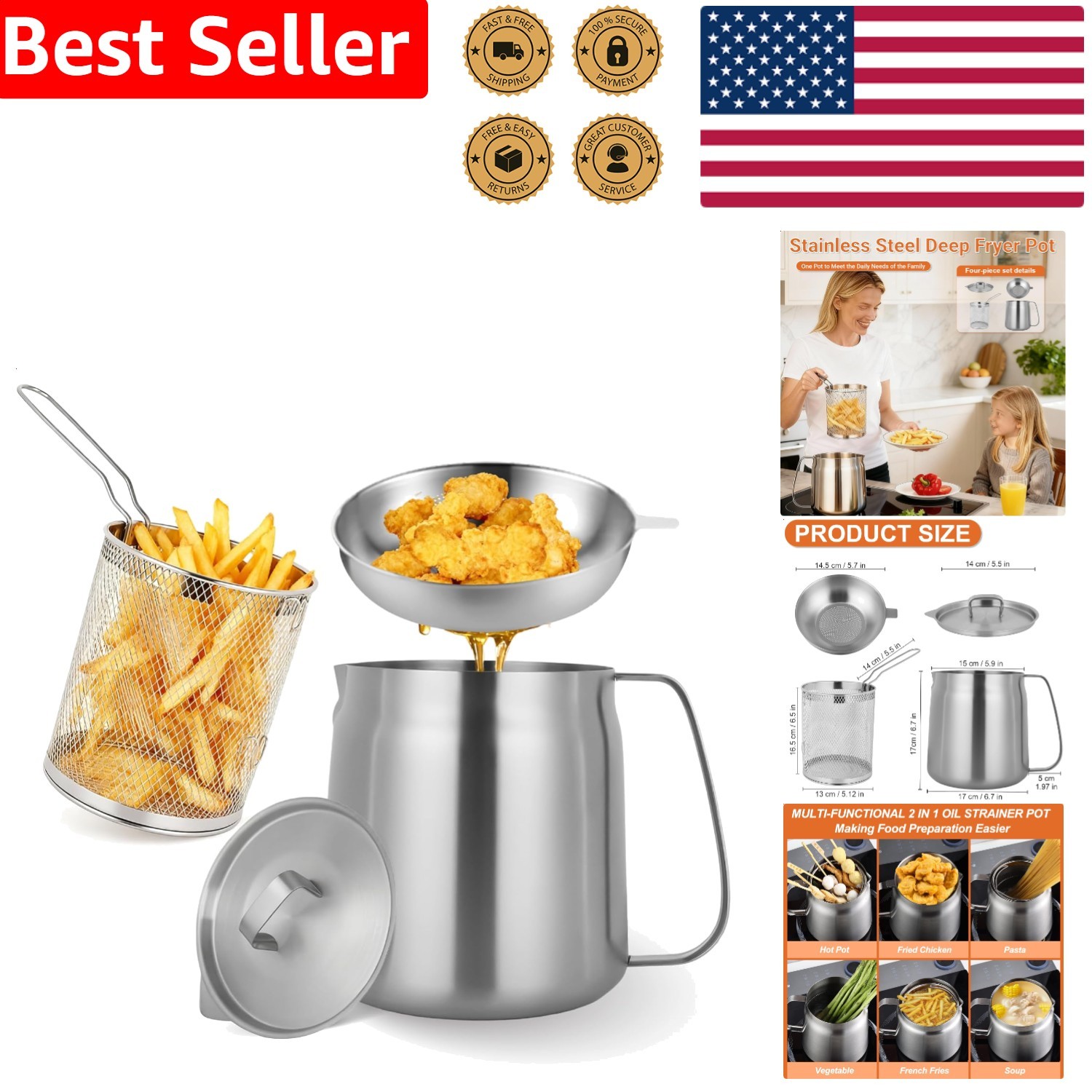 Efficient Oil Filter Pot Stainless Steel Multifunctional Fryer 3.7 Quarts gallery