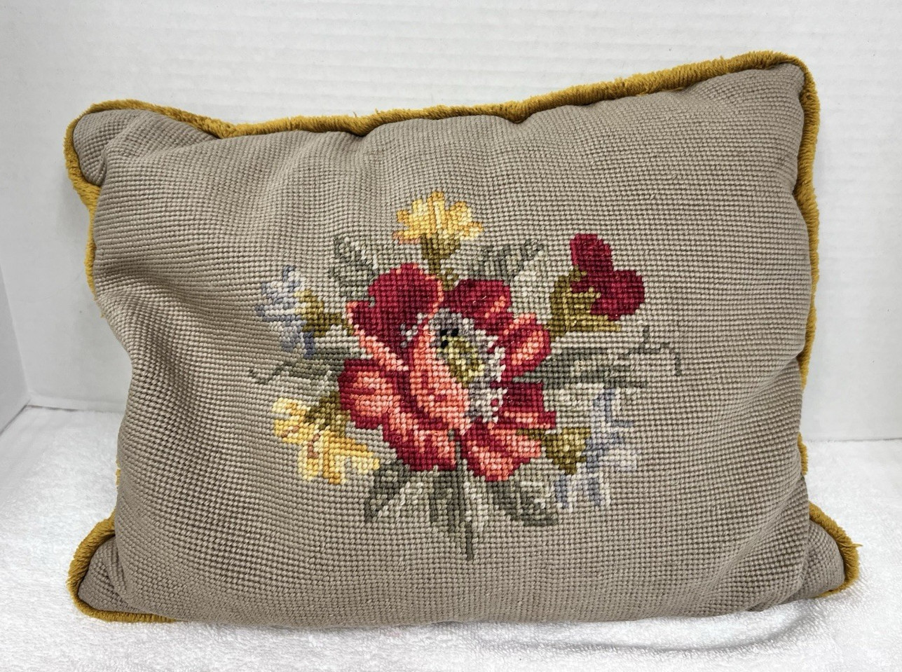 Vintage Handmade Needlepoint Roses Floral Throw Pillow Fringe Edge gallery