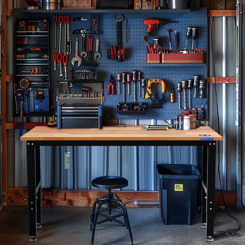 Adjustable Garage Workbench, 60x24 Rubber Wood Top Heavy-Duty with Power Outlets gallery