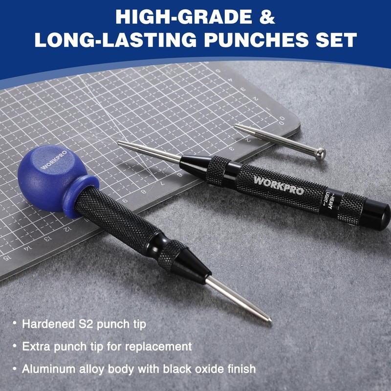 WORKPRO 2Pack Automatic Center Punch Adjustable Spring Loaded Metal Center Punch gallery
