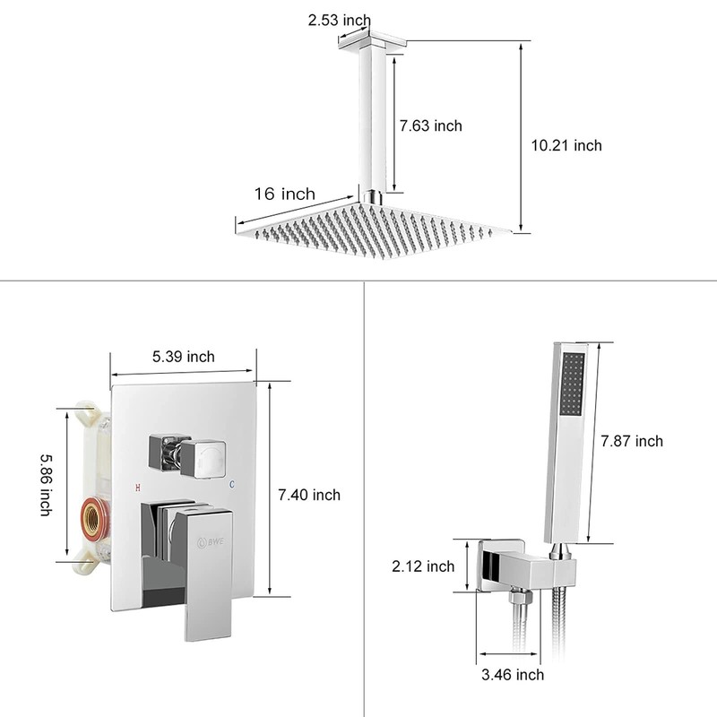 BWE 16 Inch Ceiling Mounted Shower System Chrome Rainfall Shower Head with Ha... gallery