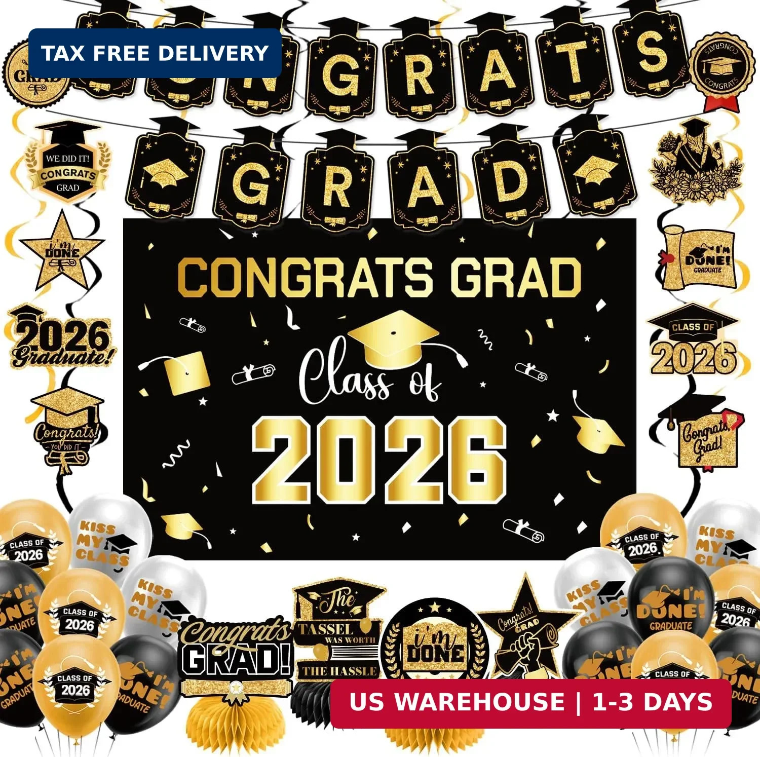 Graduation Decorations 2026 Gold Set - Grad Decor with Congrats Grad Banner,Clas gallery