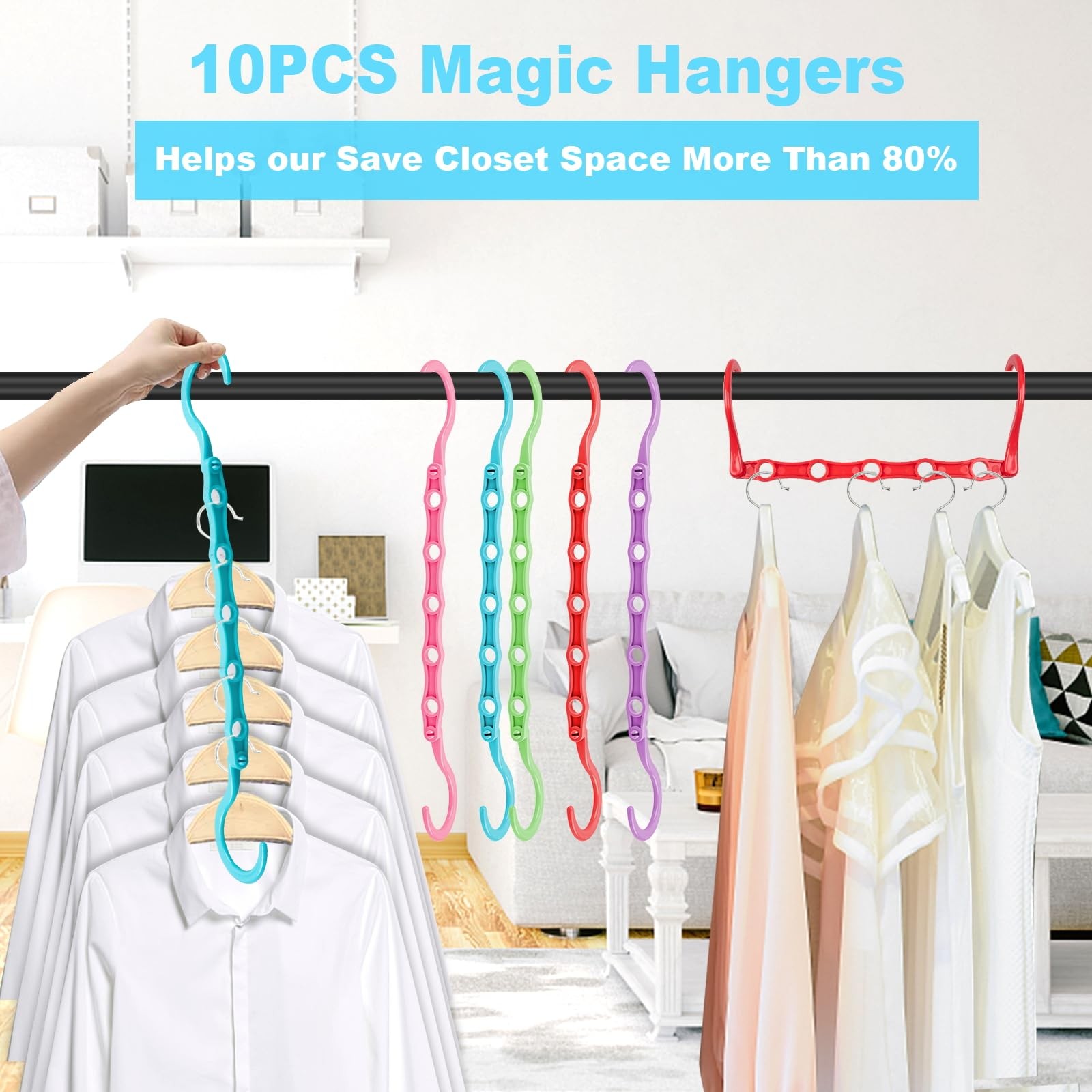 10 PCS Space Saving Hangers, 5-Hole Magic Hangers - Sturdy Plastic Hanger, Close gallery