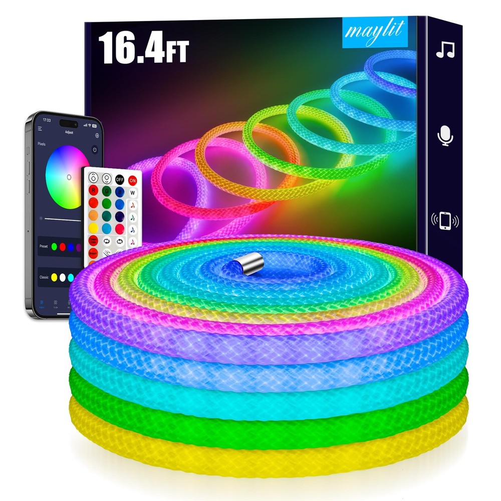 360 Degree Luminous Reticulate Weave Rope Lights, 16.4ft Addressable ICRGB Li...