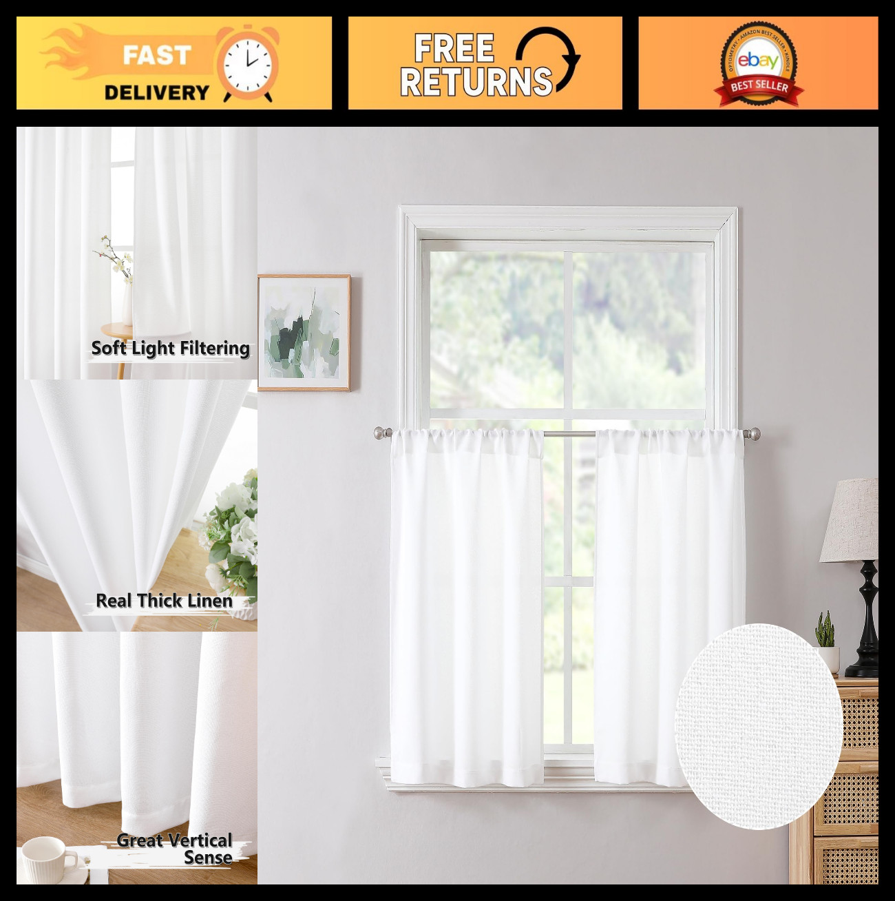 Linen Semi-Sheer Tier Curtains, Light Filtering Kitchen Drapes, 30x36", Set of 2 gallery