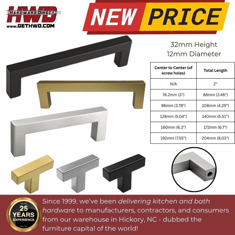 Cabinet Handle Pull Kitchen Bath Square Bar Knob Black Nickel Gold Silver Modern
