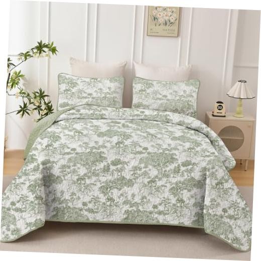 Botanical Quilt Set Size 3 Pieces Toile Floral Plants Printed Full Sage Green gallery
