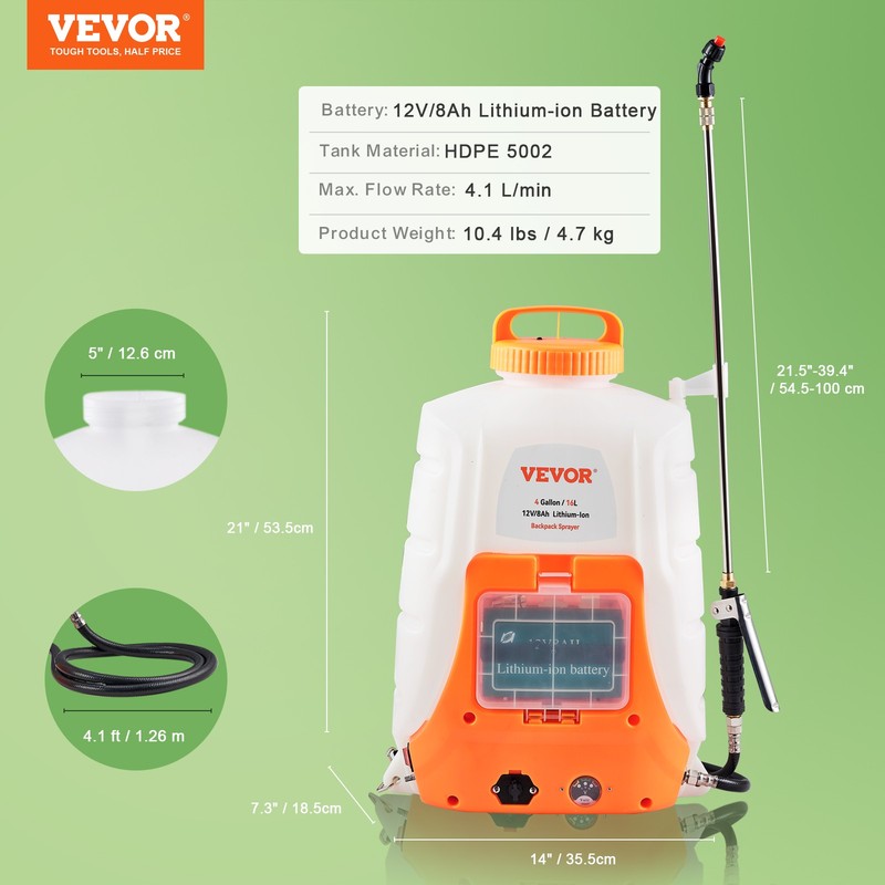 VEVOR Battery Powered Backpack Sprayer 4 Gal Tank 0-90 PSI Adjustable Pressure gallery