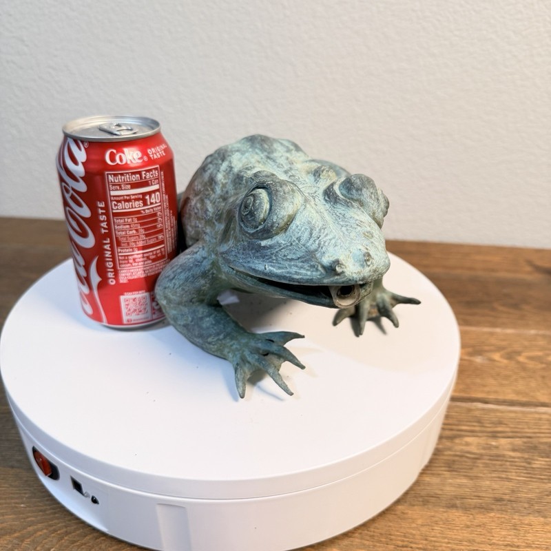 Heavy Bronze Statue Croaking Frog in Green Patina for water fountain feature 12" gallery
