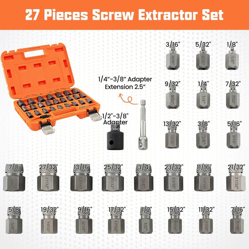 27 PCS Multi-Spline Screw Extractor Set with 3"/8” Drive Hex Head Bolt Remover gallery