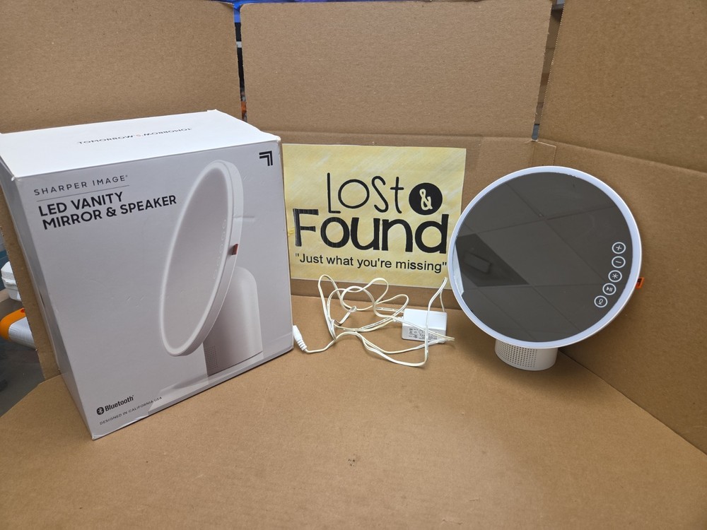 White Sharper Image LED Vanity Mirror And Bluetooth Speaker * USED w/ Box * PICS