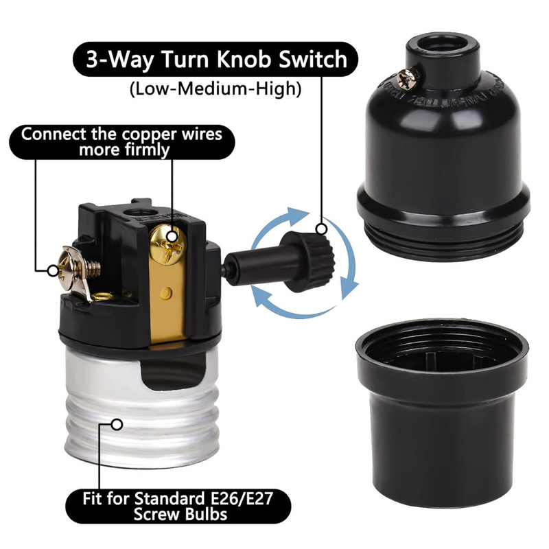 2 Pack 3-Way Lamp Socket Replacement E26 Base – UL Listed Turn Knob Low-Med-High gallery