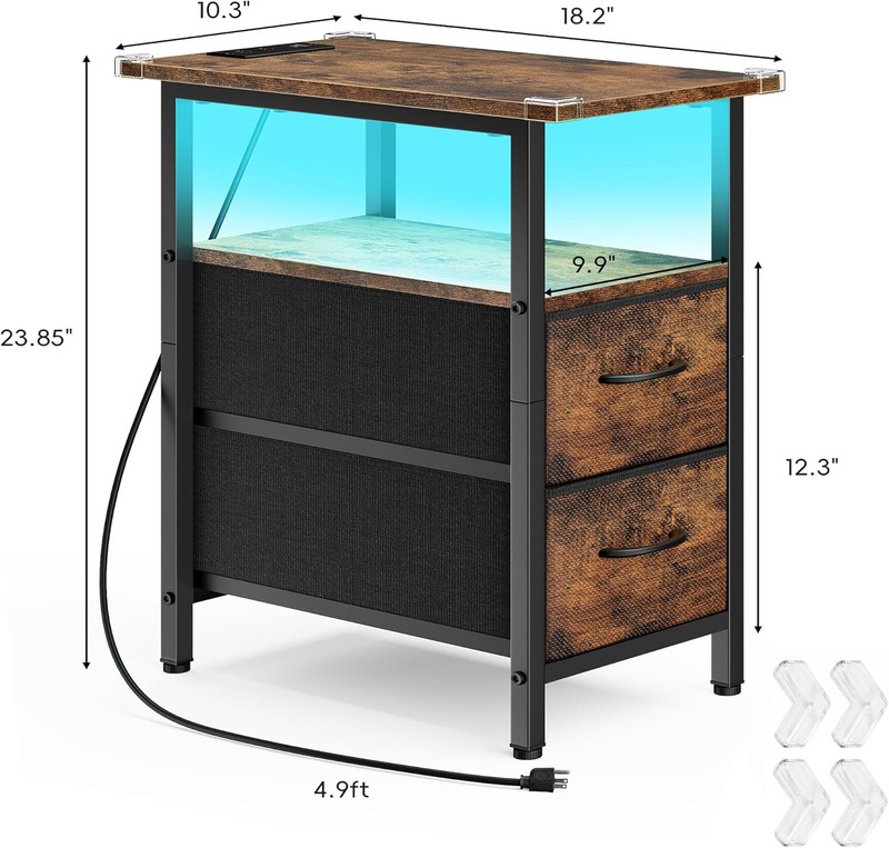 2-Pack Rustic Brown Nightstands with Charging Station & LED Lights gallery