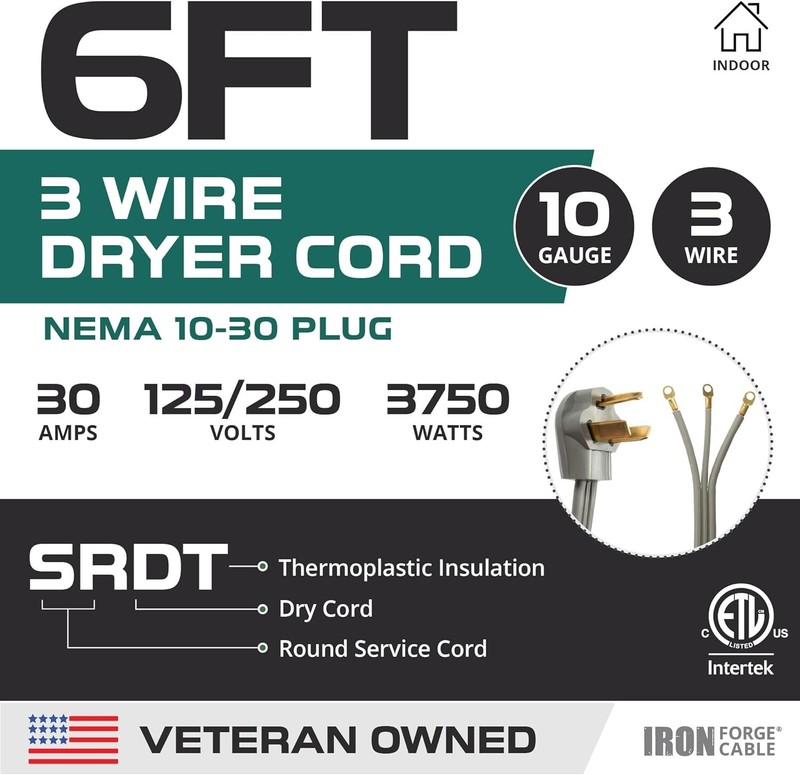 Moisture-Resistant 3-Prong Dryer Extension Cord 6 Feet - ETL Certified SRDT gallery