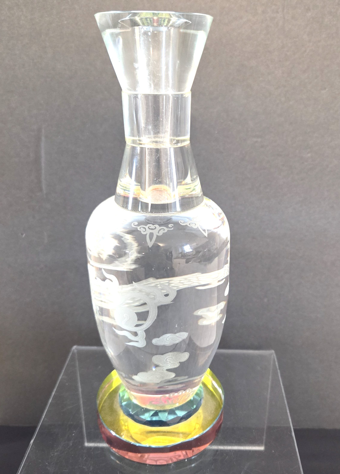Heavy Embossed Etched Chinese Crystal Dragon Vase Colored Base 9 inches gallery