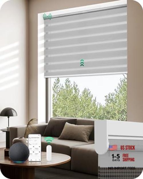 Motorized Zebra Blinds with Remote, Electric Dual-Layer 35"W x 72"H Gray