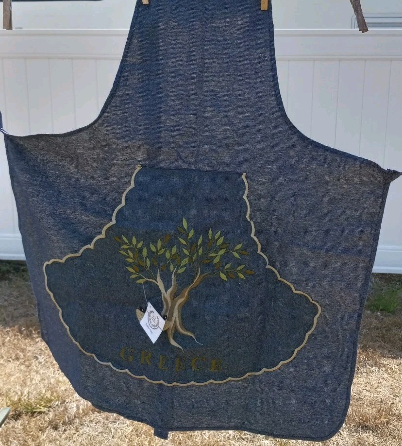 F & L Homeland Embroidered Apron Olive Tree Greece Spellout NWT Made In Greece gallery