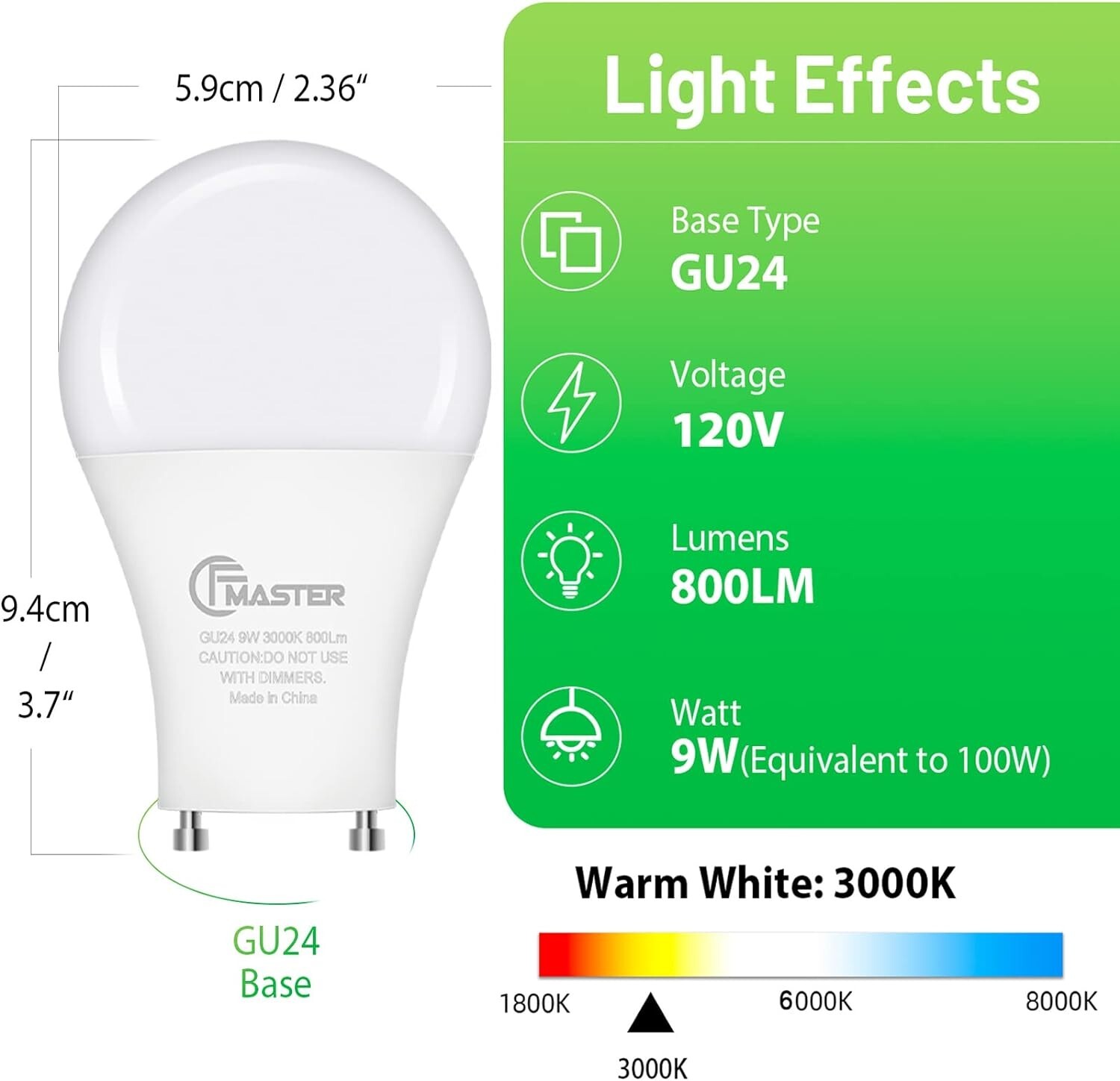 GU24 LED Light Bulb 3000K Warm White 9W(100W Equivalent)800 Lumens 120V CFMaster gallery