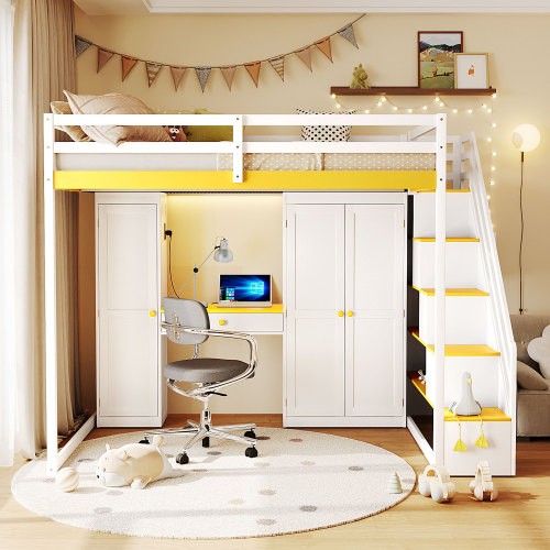 Full Size Loft Bed with Storage Stairs,Wardrobe Dressing Table Mirror LED Lights gallery
